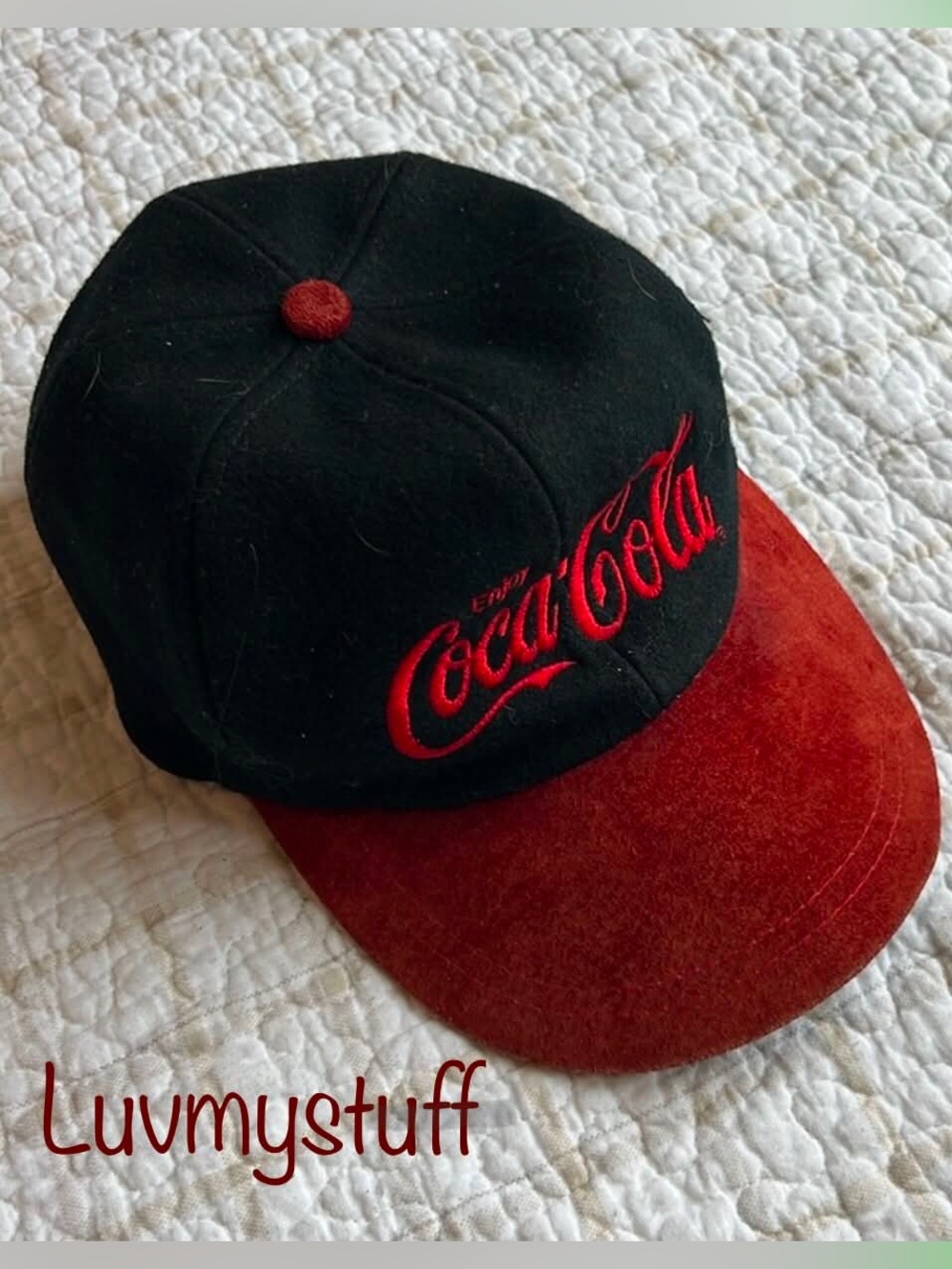 😎🖤❤️Cool Vintage Coca Cola Two-Tone Black and Red Suede Cap